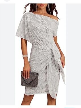Grace Karin Silver Sequin Draped Knot Cocktail Dress size L